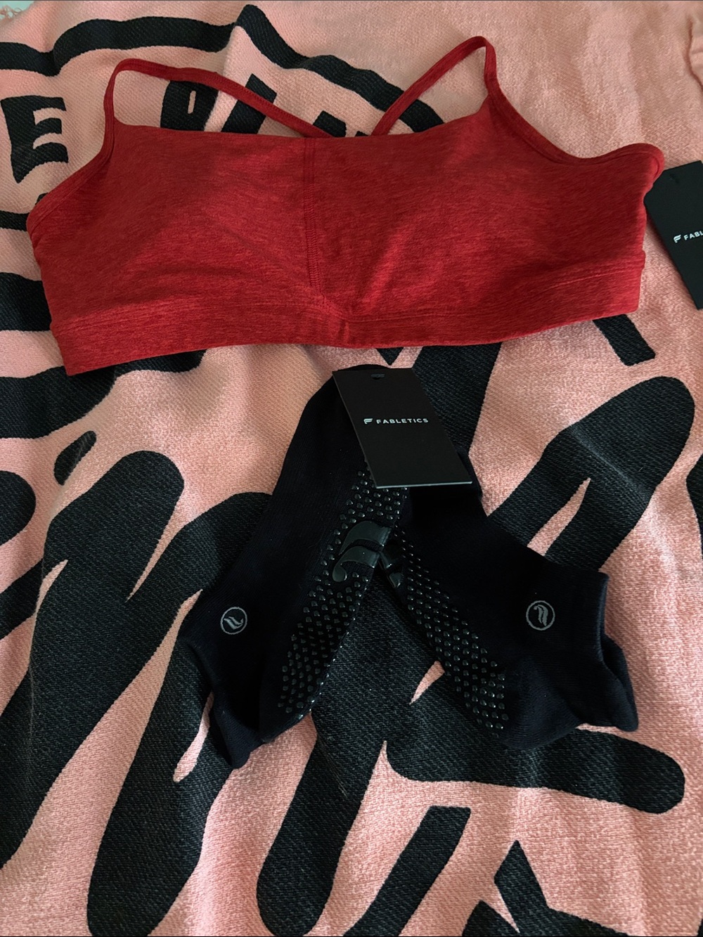 Fabletics Red Seamless Crop Bralette with Black Grip Ankle Socks